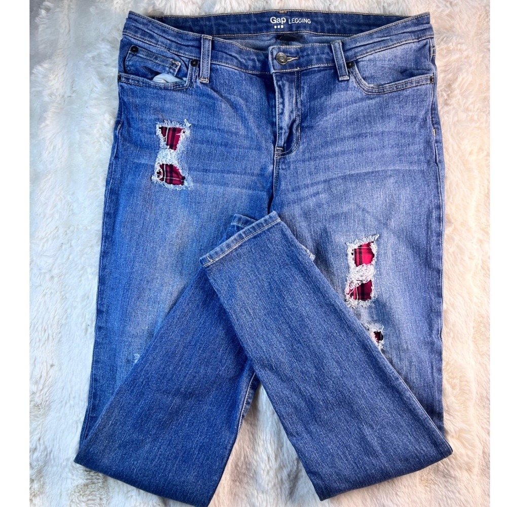 Gap Legging Jeans Womens 10/30R Blue Plaid Patch Distressed Skinny Denim